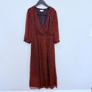 NWT see u soon red & black with metallic gold detail faux wrap dress sz.S